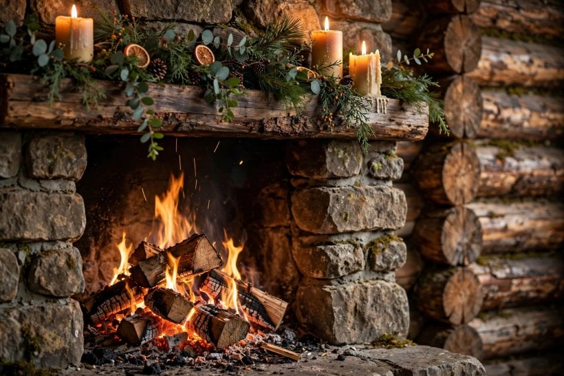 log cabin inside: exposed horizontal log walls in a living room