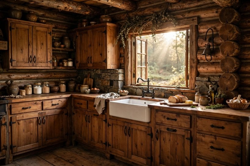 log cabin inside: wide plank floors with a woven rug