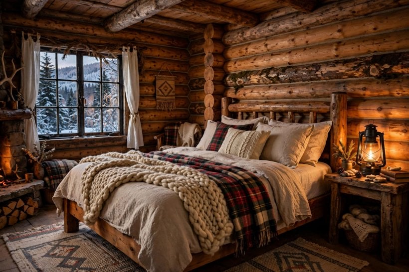 log cabin inside: rustic kitchen with open shelves and a farmhouse table