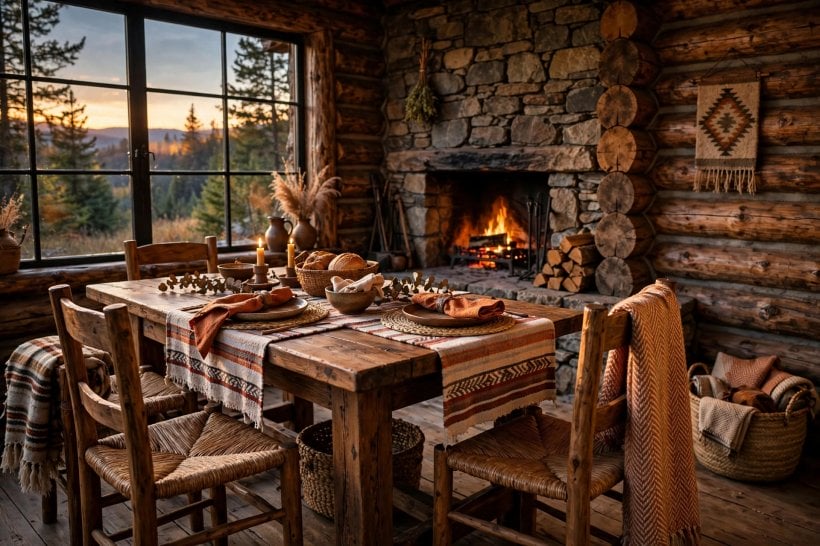 log cabin inside: cosy bedroom with plaid blankets under a sloping ceiling