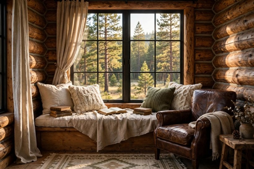 log cabin inside: warm lamplight and candles on a winter evening