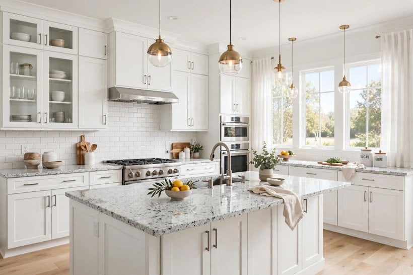 luna pearl granite: pale speckled worktop paired with simple painted cabinets