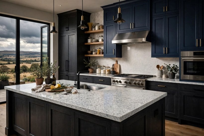 luna pearl granite: speckled worktop with a plain tiled backsplash and quiet flooring