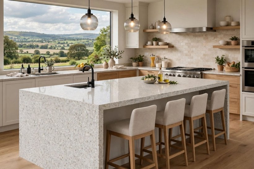 luna pearl granite: a light worktop brightening a compact kitchen
