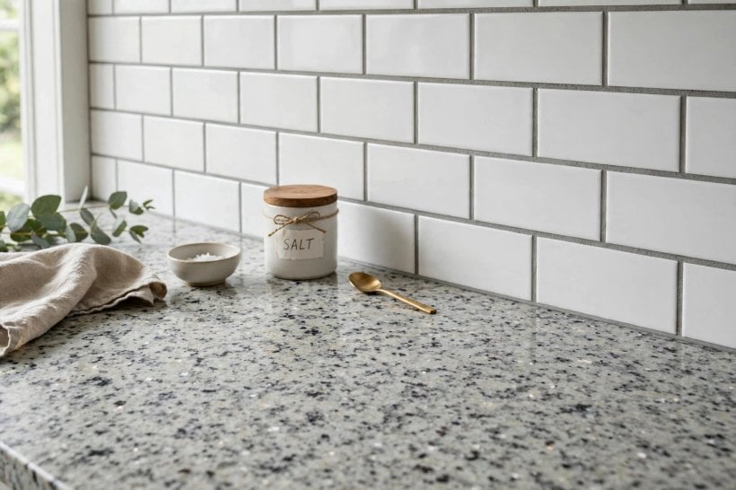 luna pearl granite: a speckled granite surface being wiped clean after cooking