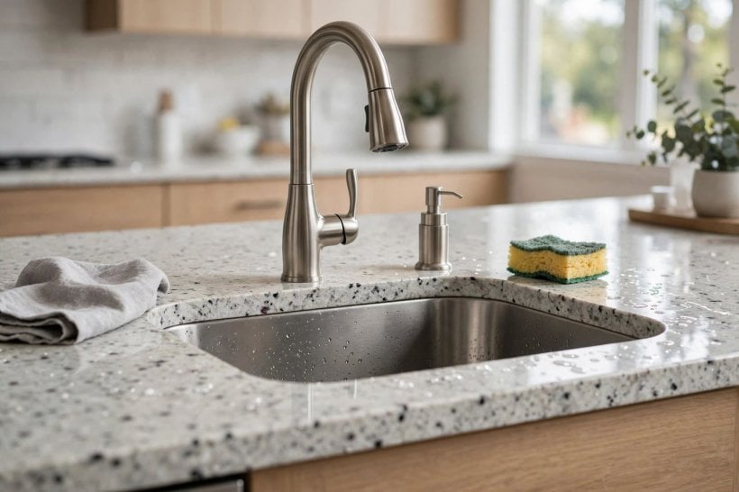 luna pearl granite: a full granite slab showing its natural speckle variation
