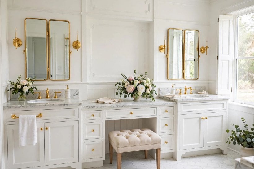 bathroom makeup vanity ideas: vanity table placed beside a bright window
