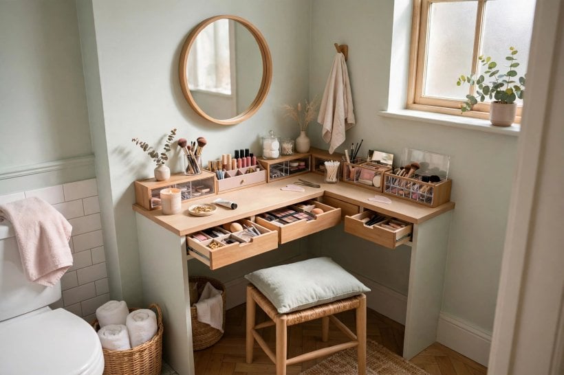 bathroom makeup vanity ideas: compact vanity in a small bathroom corner