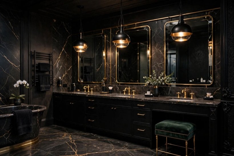 bathroom makeup vanity ideas: double vanity with two lit mirrors