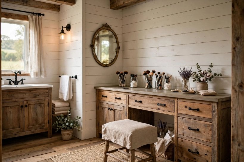 bathroom makeup vanity ideas: rustic wooden vanity with wall sconce and window light