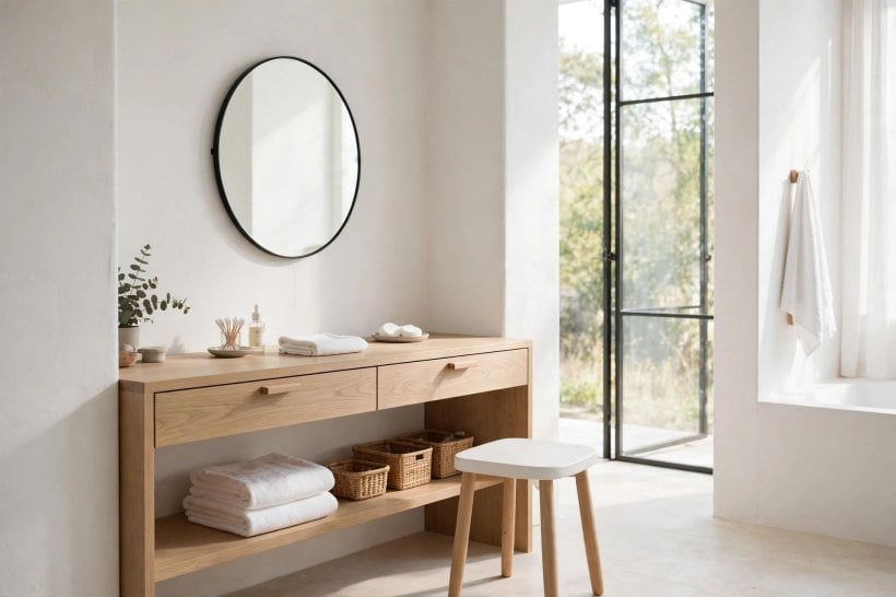 bathroom makeup vanity ideas: cushioned stool tucked under a vanity