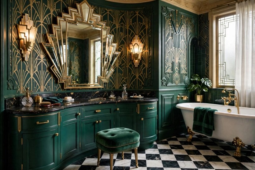 bathroom makeup vanity ideas: warm brass details and a pale stone counter