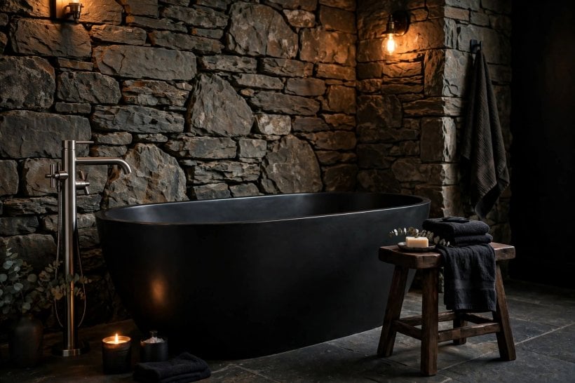 men bathroom: strong-lined layout with a walk-in shower and wall-hung vanity