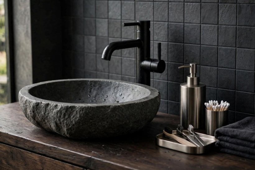 men bathroom: substantial wall-hung vanity in dark timber with a stone top