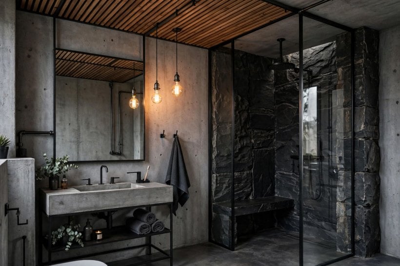 men bathroom: large-format slate-effect tiles with dark grout