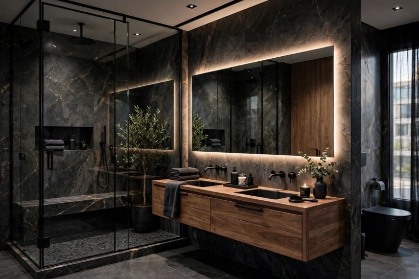 men bathroom: walk-in shower with a large rain head and matt black fittings