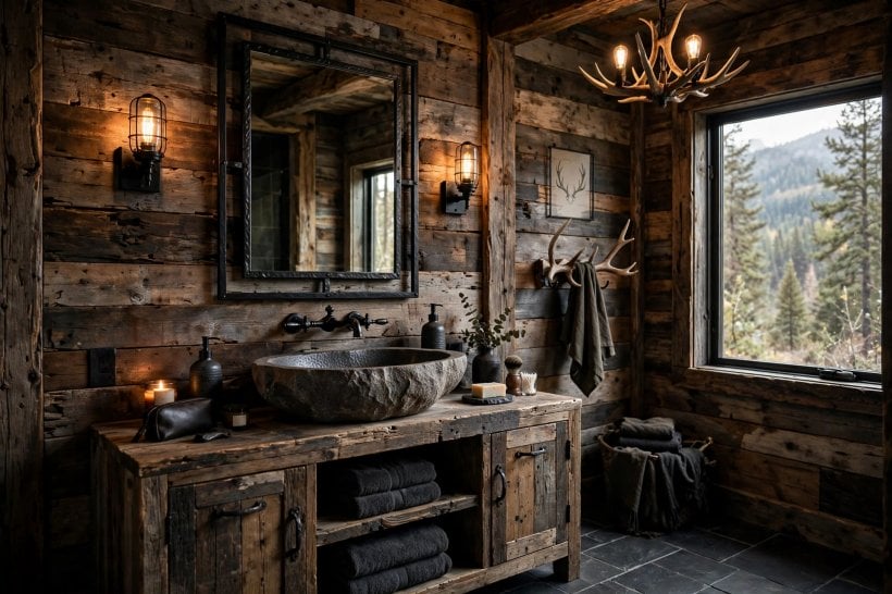 men bathroom: dark towels, a timber stool and a plant softening a slate bathroom