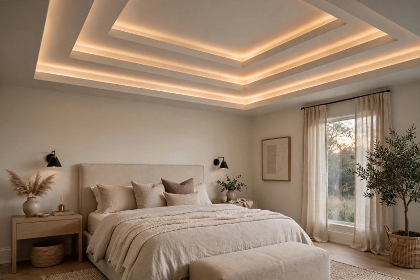 master bedroom ceiling ideas: exposed beams over a calm main bedroom