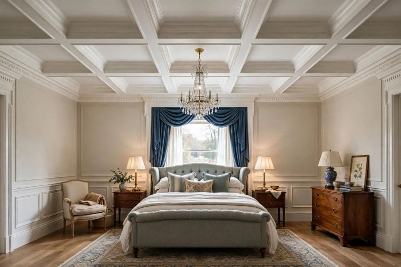 master bedroom ceiling ideas: panelled ceiling texture above a dressed bed