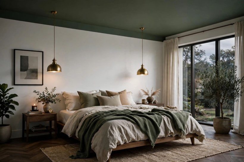 master bedroom ceiling ideas: a statement chandelier glowing above the bed