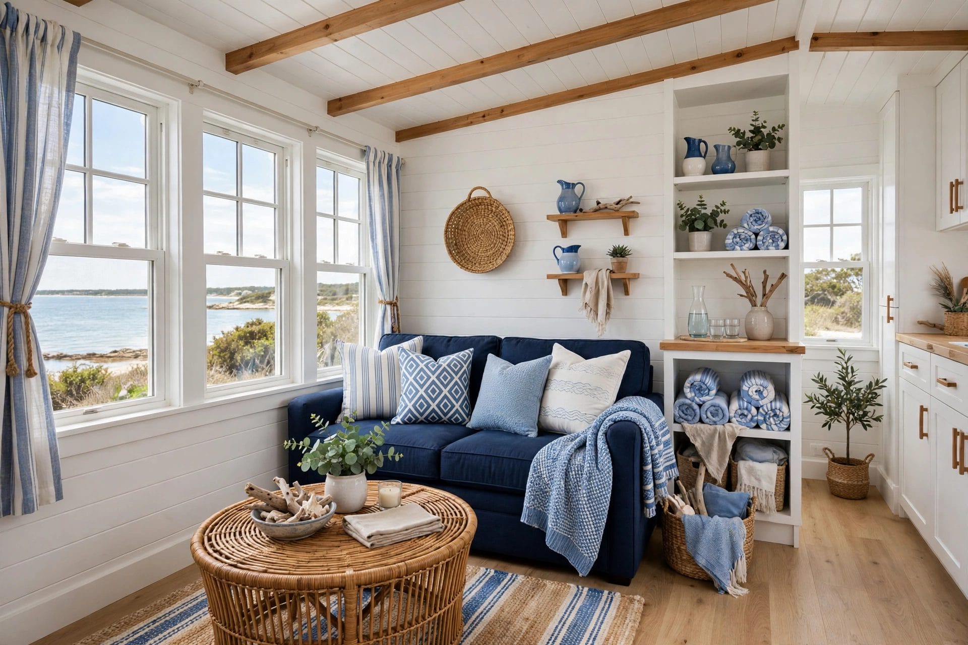blue and white tiny house interior
