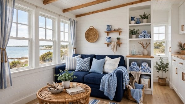 blue and white tiny house interior