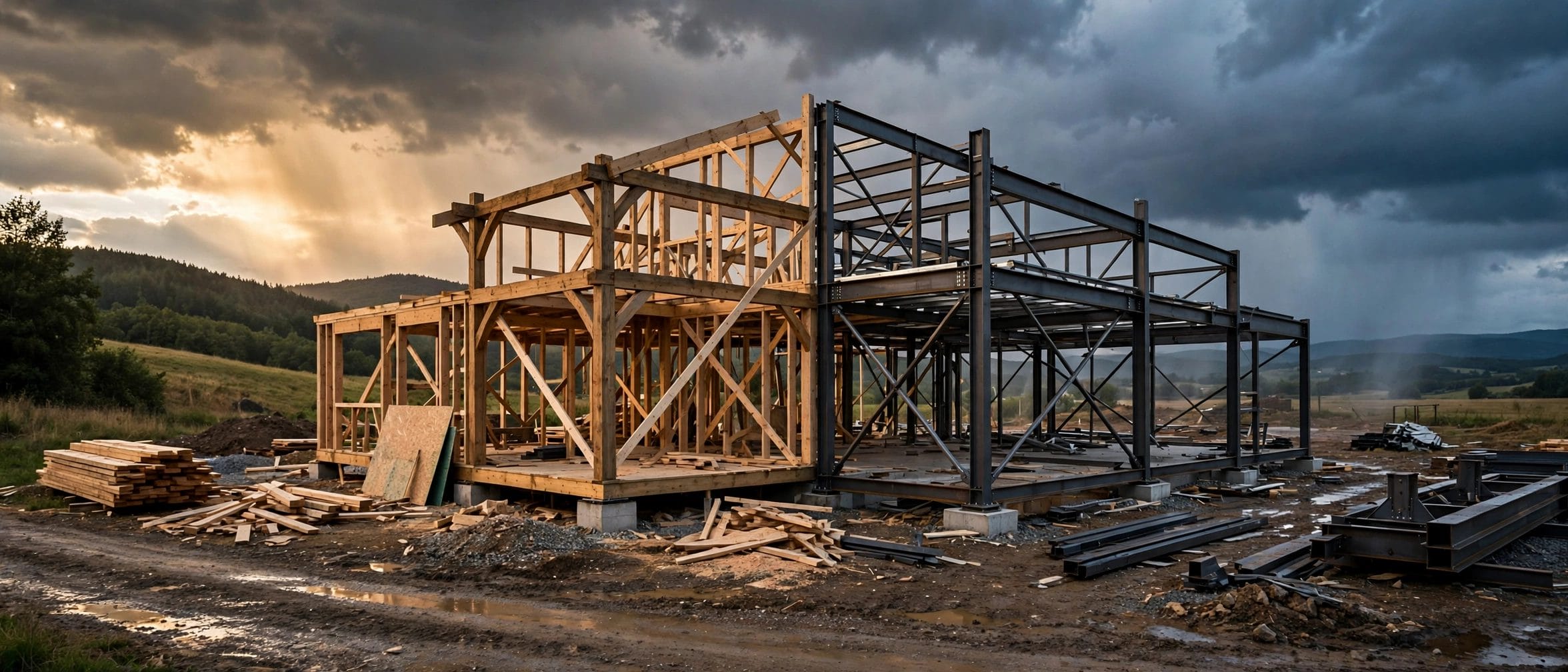 Steel frame tiny house and wood frame tiny house under construction side by side