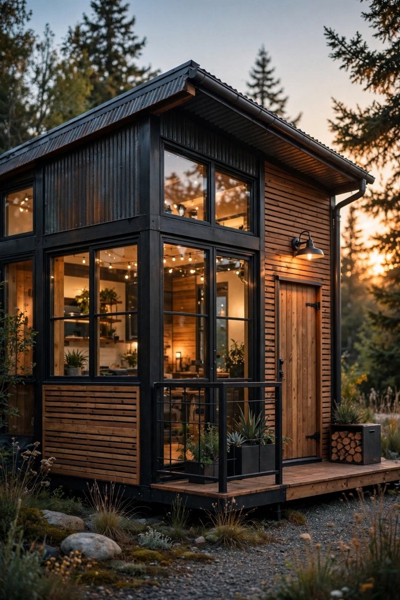 Steel and wood tiny house with black steel roof and natural wood siding in a forest clearing