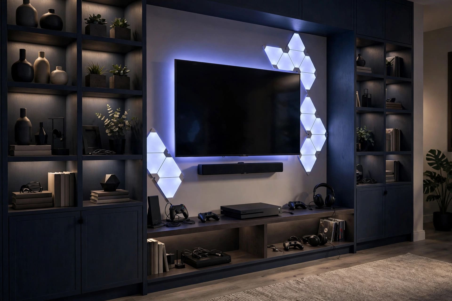 media room ideas: soundbar and wall-mounted television arrangement