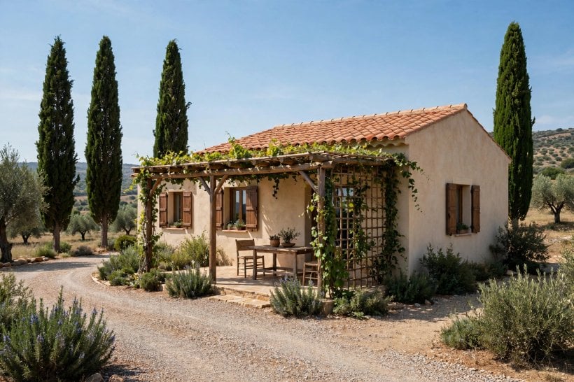 photos mediterranean beige homes: beige stucco facade with terracotta roof and arched entry