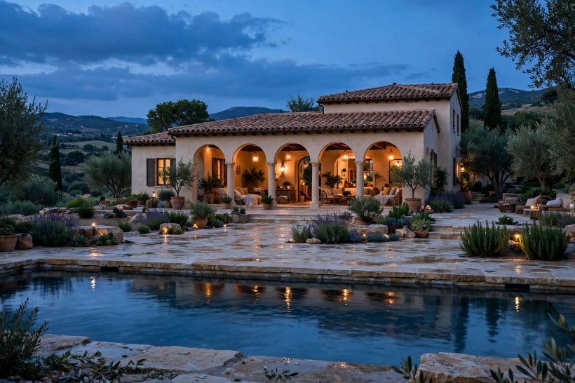 photos mediterranean beige homes: olive tree and lavender planting by a beige house
