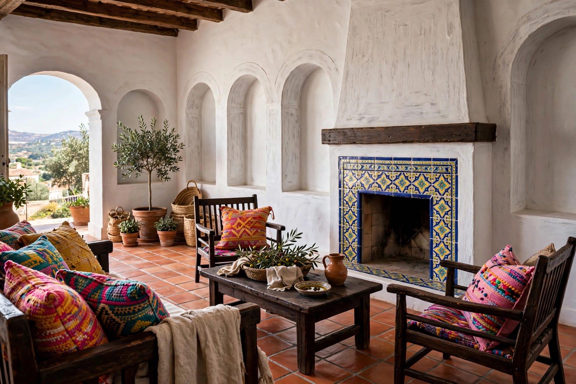 mediterranean living room: linen sofa with terracotta cushions