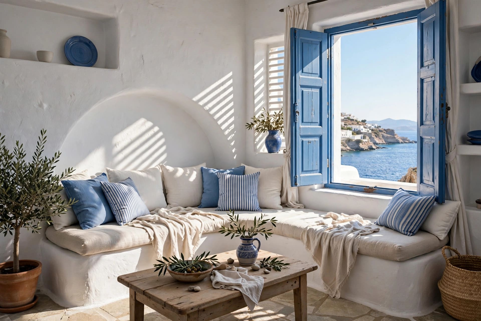 mediterranean living room: limewashed walls and wooden beams