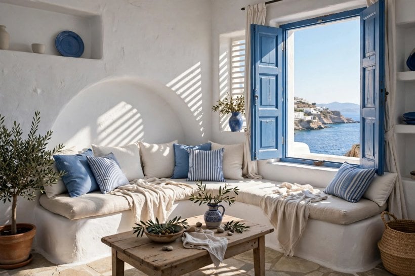 mediterranean living room: limewashed walls and wooden beams