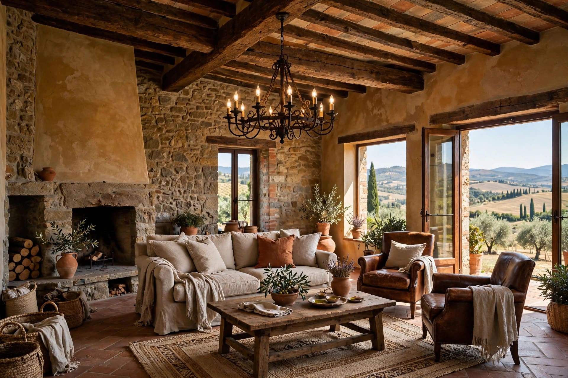 mediterranean living room: warm layered lighting and lanterns