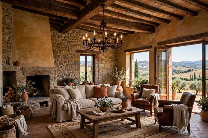 mediterranean living room: warm layered lighting and lanterns