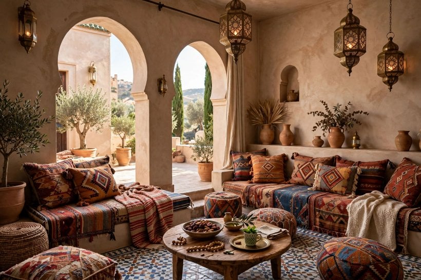 mediterranean living room: rustic wooden coffee table and sideboard