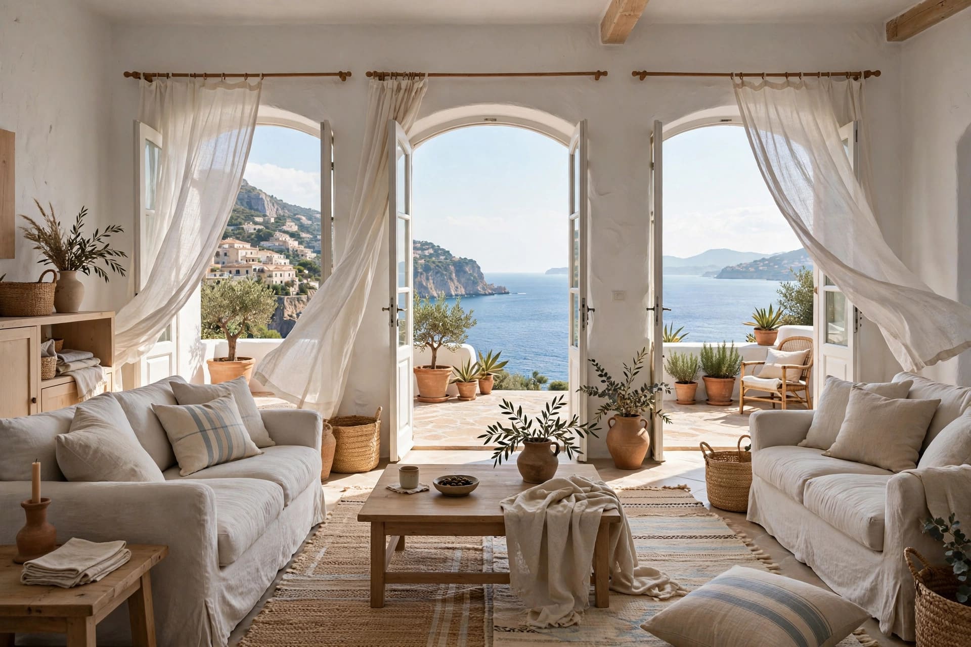 mediterranean living room: striped cushions and woven throws