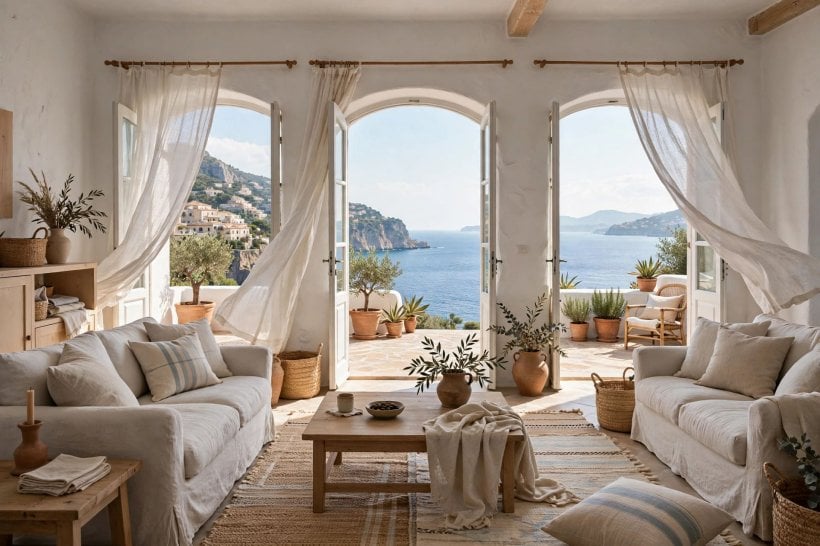 mediterranean living room: striped cushions and woven throws