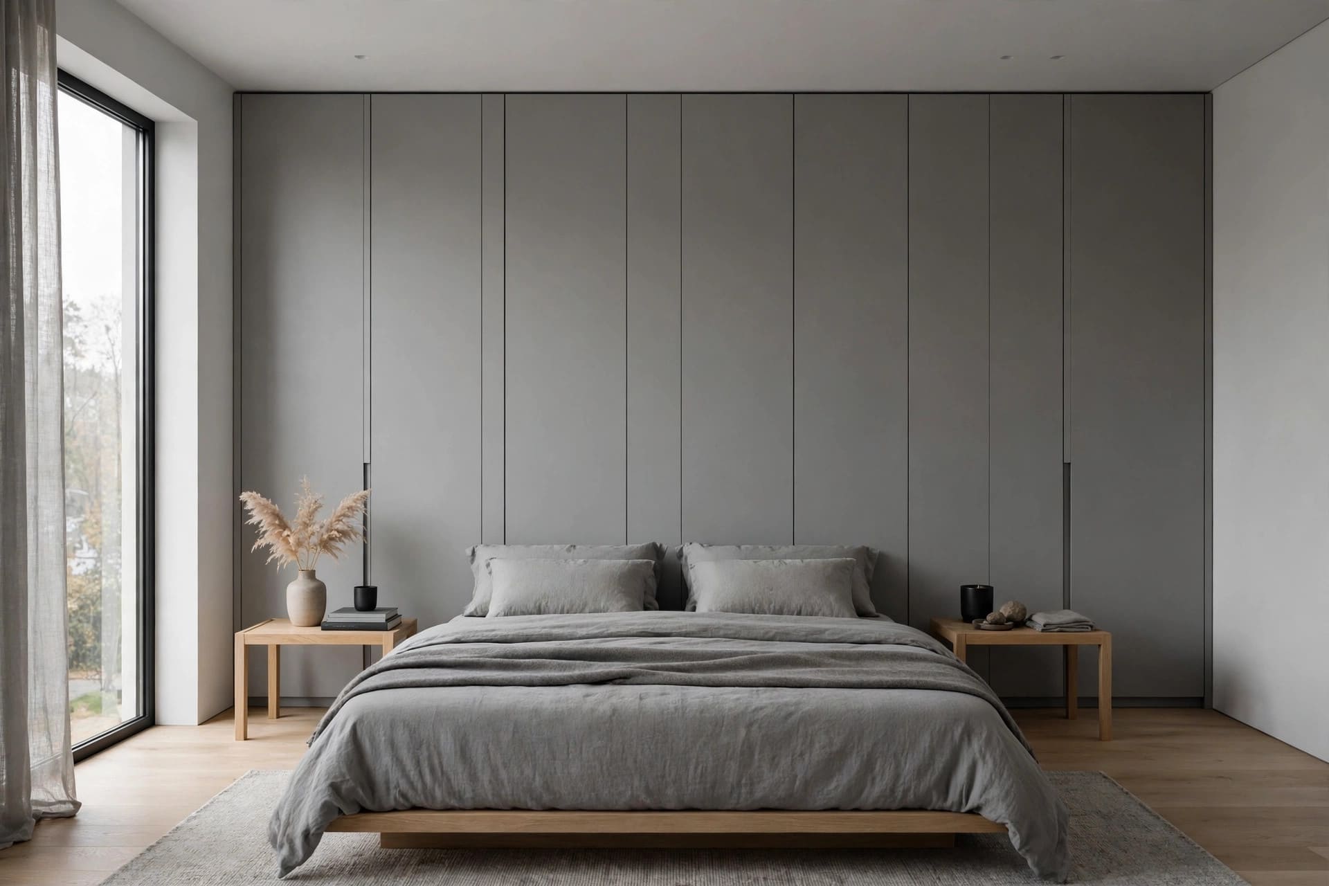 mens bedroom ideas: deep charcoal walls with calm layered bedding