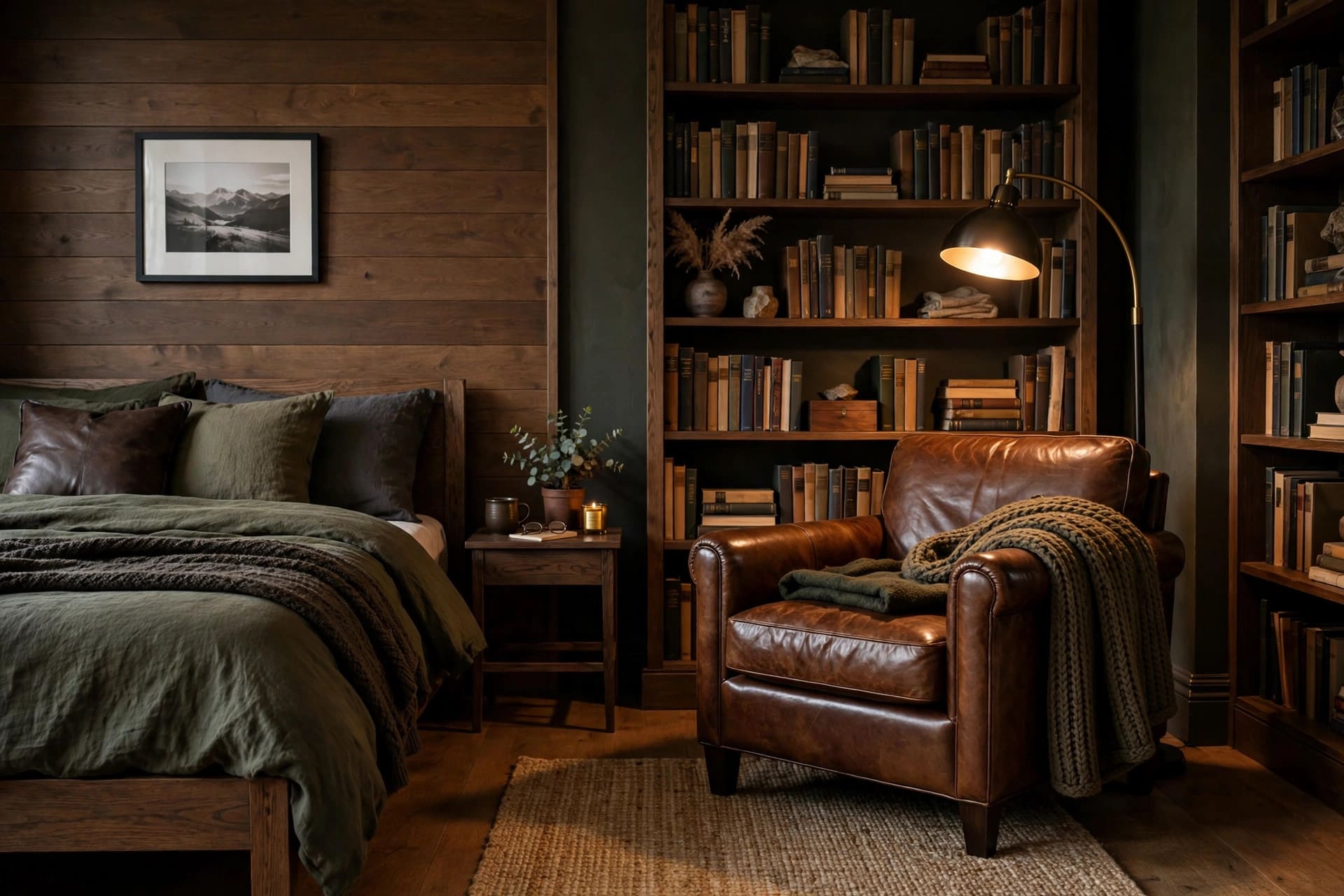 mens bedroom ideas: warm wood and leather textures beside the bed
