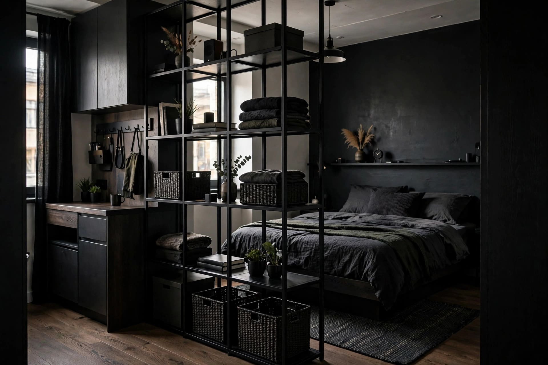 mens bedroom ideas: closed wardrobes and drawers keeping clutter hidden
