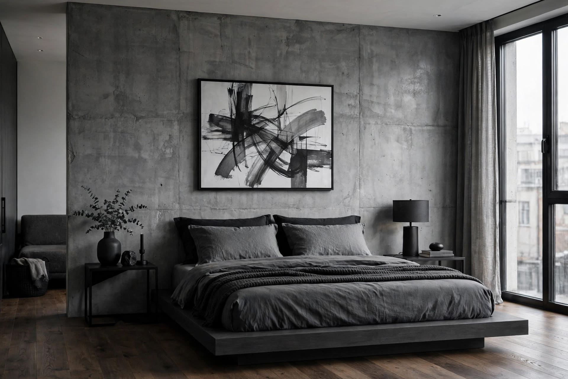 mens bedroom ideas: one large framed print above a simple bed
