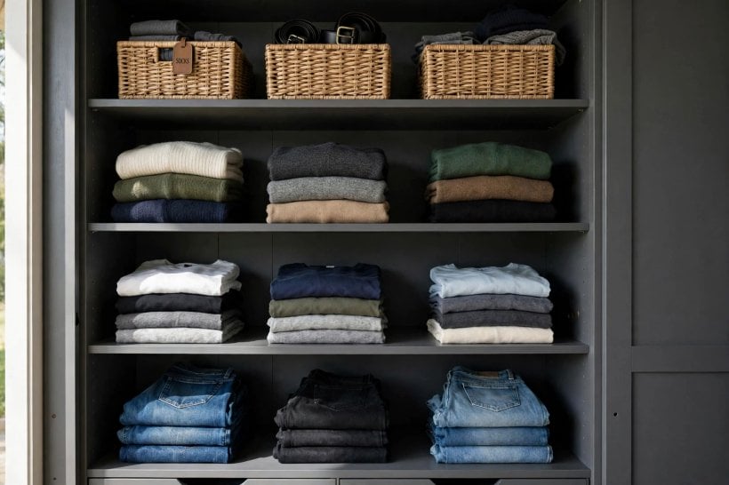 mens small closet: double-hang rail section for shirts and folded trousers