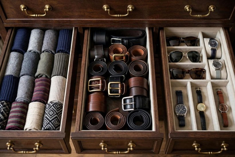 mens small closet: stacked shelves and labelled boxes above the main rail