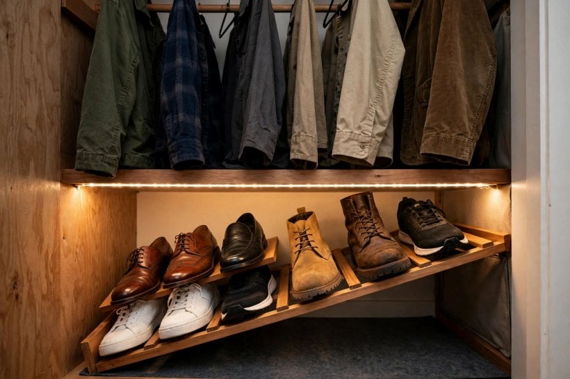 mens small closet: shallow drawers with dividers for belts, watches and socks