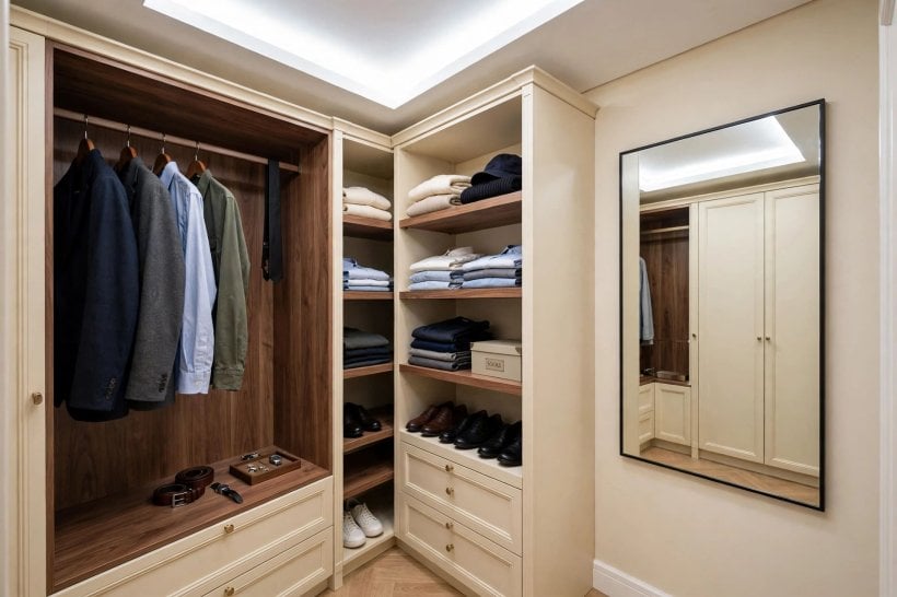 mens small closet: open-front wardrobe wall with a curtain instead of doors