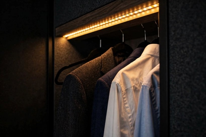 mens small closet: seasonal storage boxes rotated to the top shelf