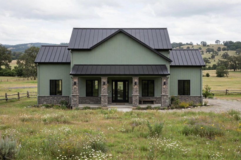 images of metal building homes: open-plan living space under a high steel roof