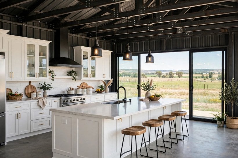 images of metal building homes: kitchen and dining area inside a barndominium